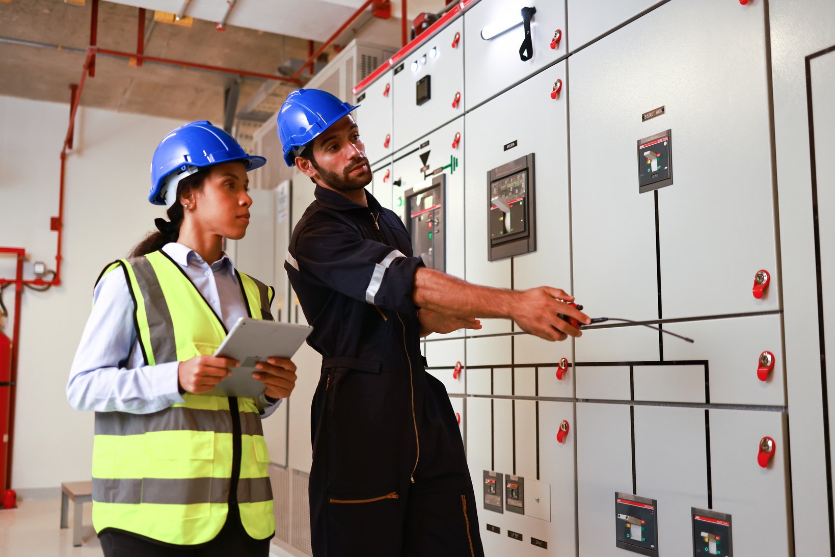 Electrical engineer and system engineer work together check electrical control room of building